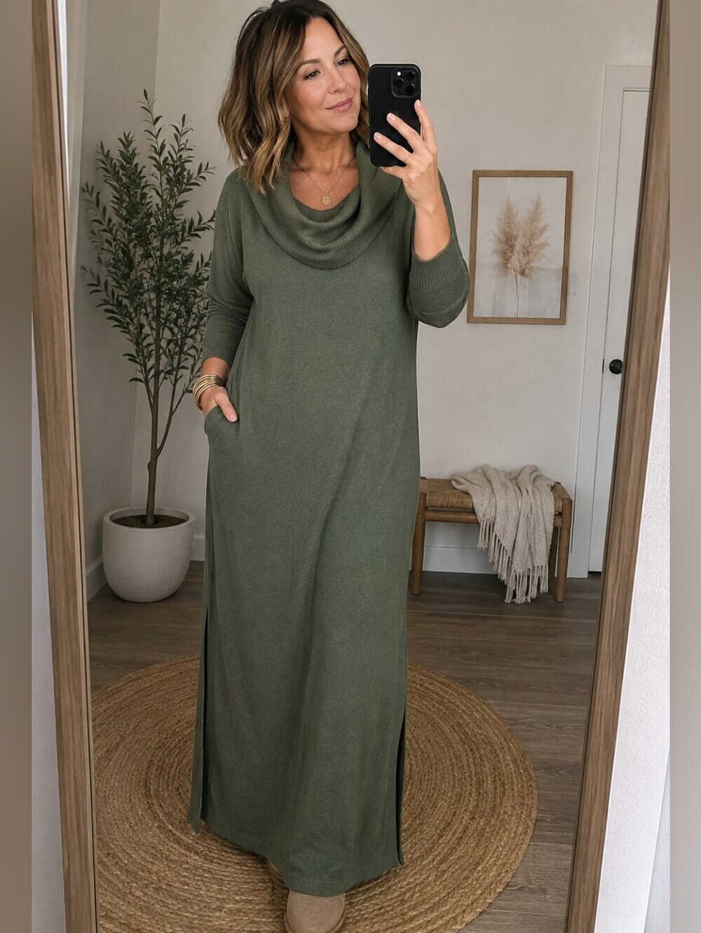 Soft Surroundings Cashmere Blend Cowl Neck 3/4 Sleeve Maxi Dress Olive Size Med.